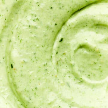 Over head close up of super easy homemade basil pesto mayo.